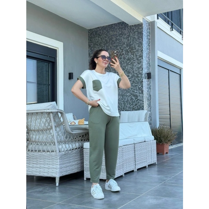 Kadın Kristal Kumaş Garnili Cep Detaylı Ikili Takım