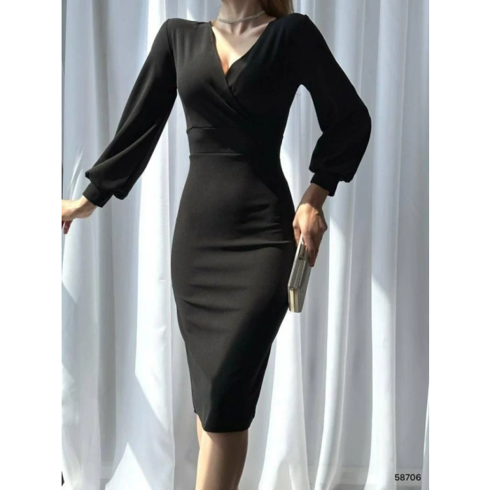 Kadın Kruvaze Yaka Balon Kol Midi Boy Elbise