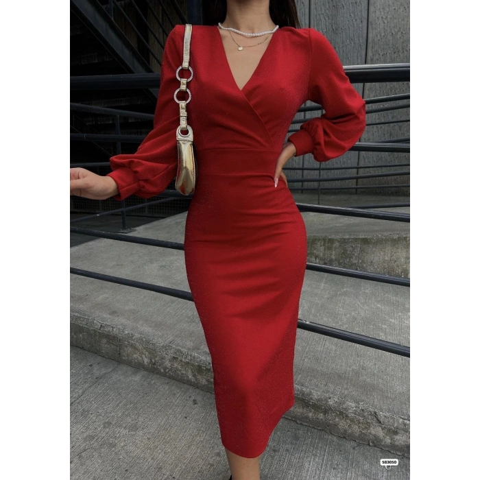 Kadın Kruvaze Yaka Balon Kol imli Krep Kumaş idi Boy Elbise