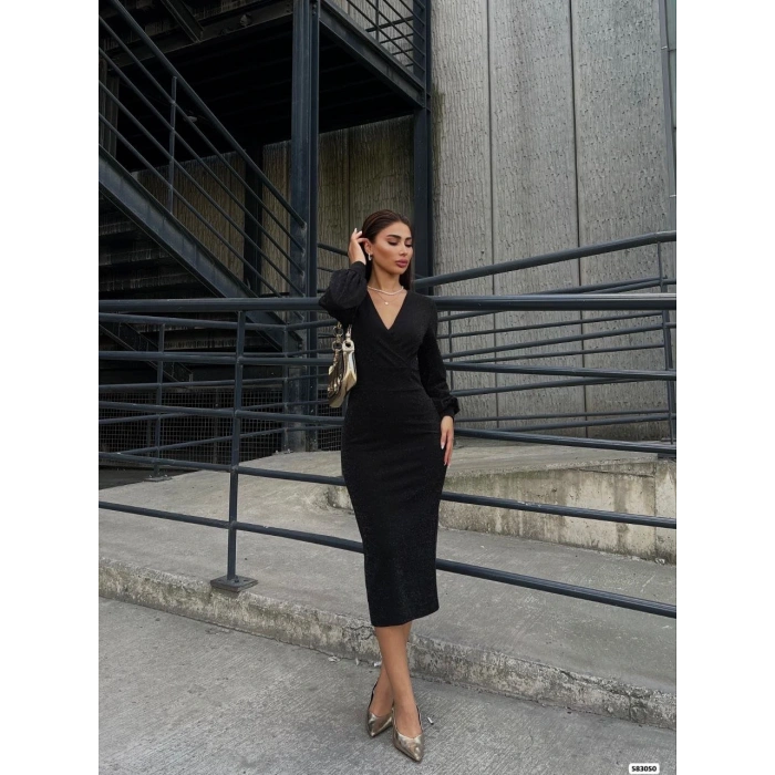 Kadın Kruvaze Yaka Balon Kol imli Krep Kumaş idi Boy Elbise