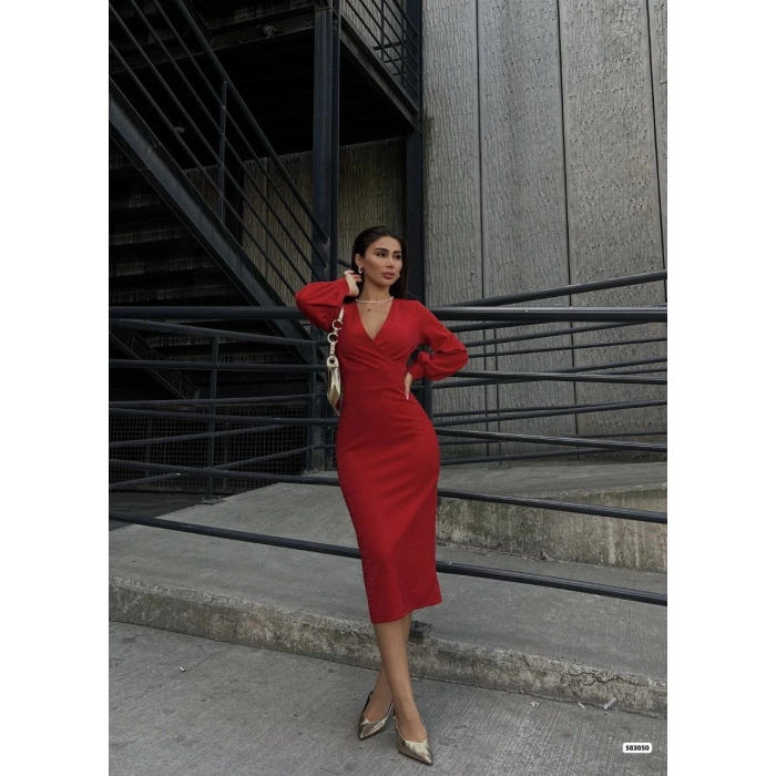 Kadın Kruvaze Yaka Balon Kol imli Krep Kumaş idi Boy Elbise