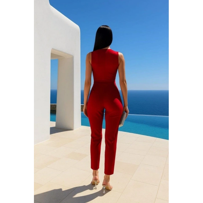 Kadın Kruvaze Yaka Dantel Güpür Ve Kuşak Detay Tulum