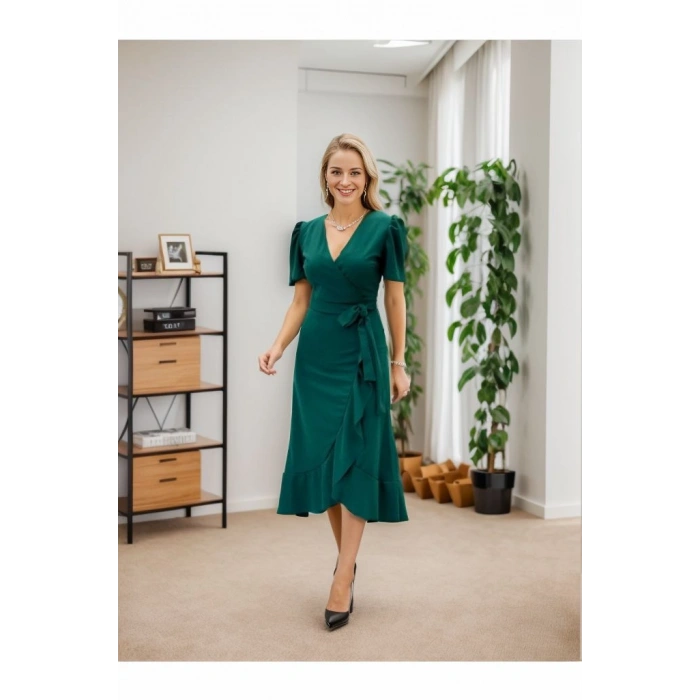 Kadın Kruvaze Yaka idi Boy Kuşaklı Krep Elbise 120 Cm