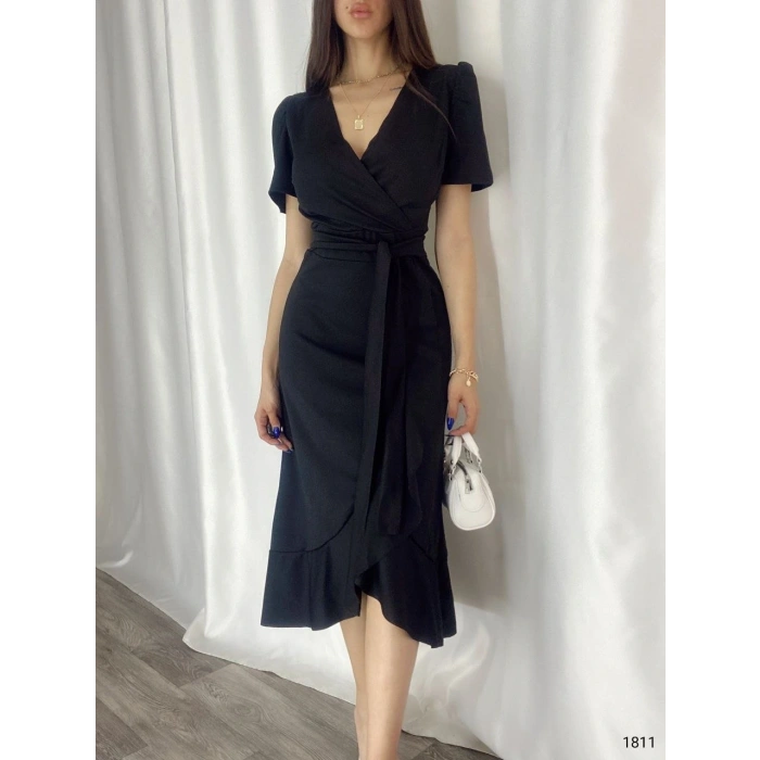 Kadın Kruvaze Yaka idi Boy Kuşaklı Krep Elbise 120 Cm