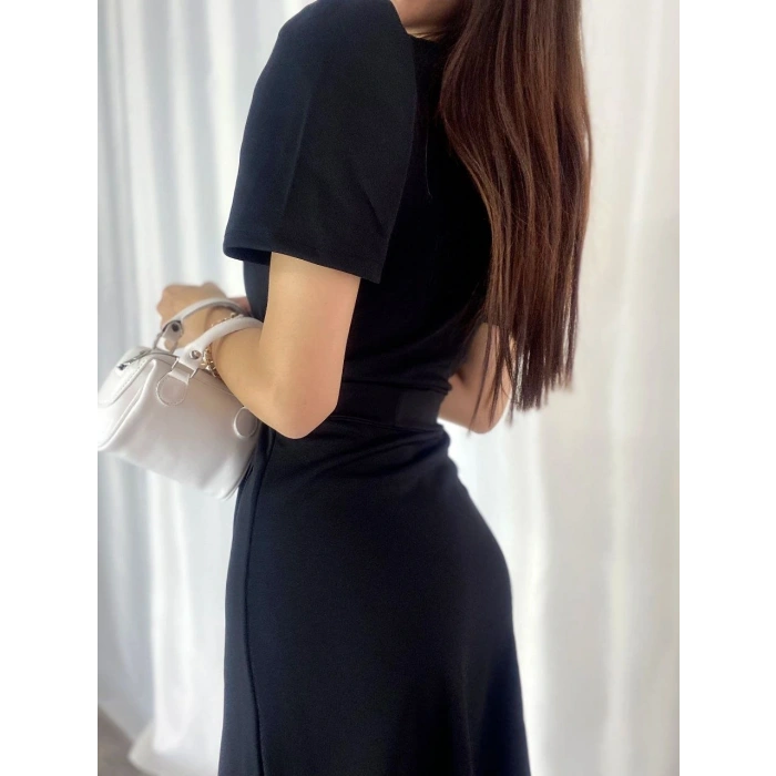 Kadın Kruvaze Yaka idi Boy Kuşaklı Krep Elbise 120 Cm