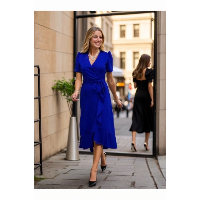 Kadın Kruvaze Yaka Midi Boy Kuşaklı Krep Elbise 120 Cm