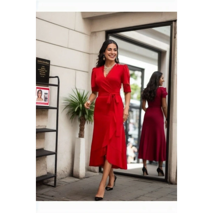 Kadın Kruvaze Yaka idi Boy Kuşaklı Krep Elbise 120 Cm