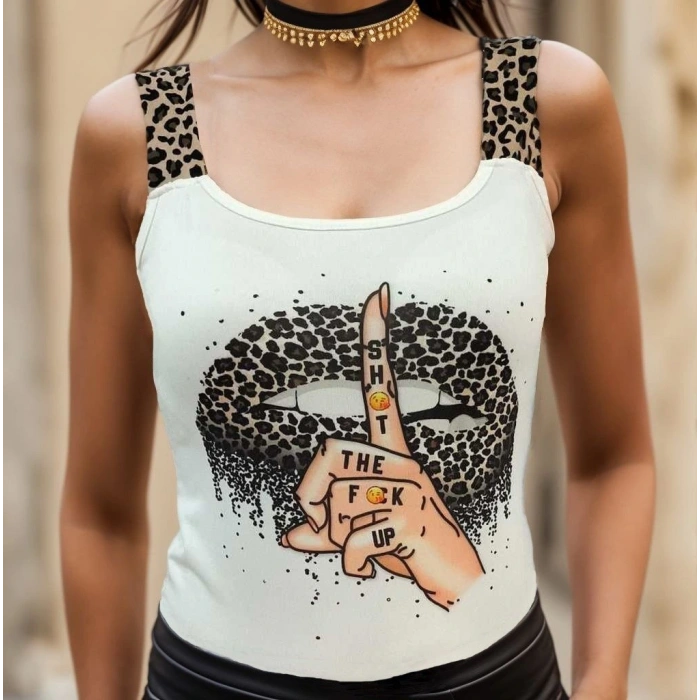 Kadın Leopar Askılı Leopar Baskılı Mikro Kumaş Bluz