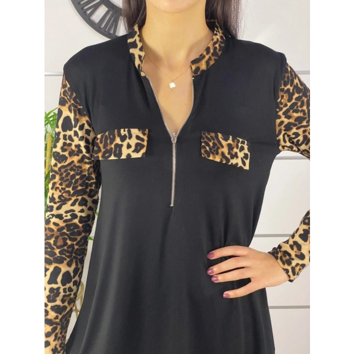 Kadın Leopar Desen Fermuar Detay Viskon Kumaş Bluz