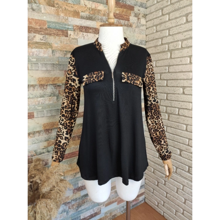 Kadın Leopar Desen Fermuar Detay Viskon Kumaş Bluz
