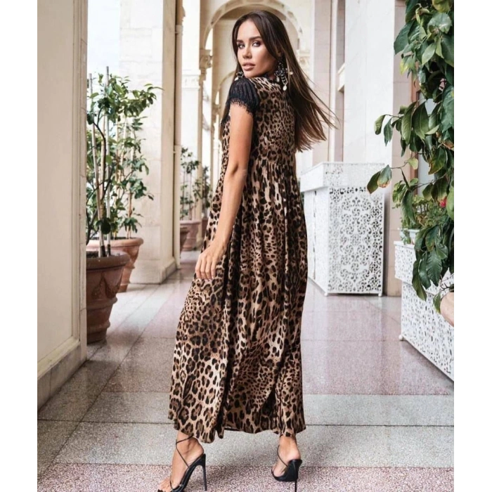 Kadın Leopar Desenli Dantelli Jesica Kumaş axi Boy Elbise