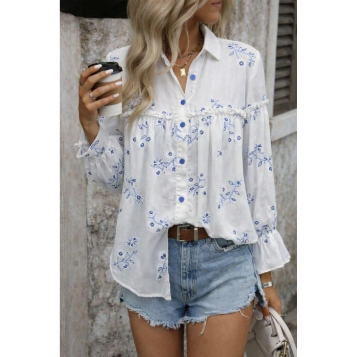 Kadın Nakış Işlemeli Kolu Volanlı Gömlek