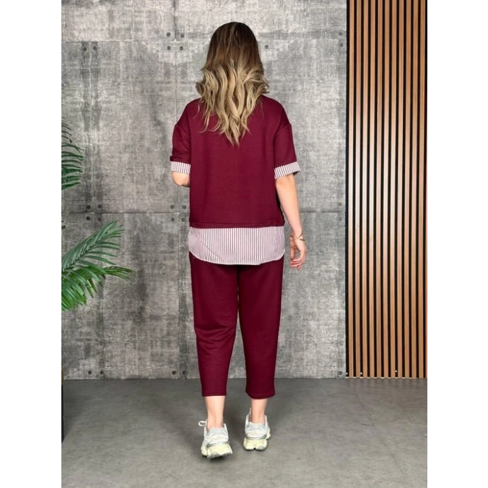 Kadın odal Kumaş çizgili Gömlek Yaka Ikili Takım