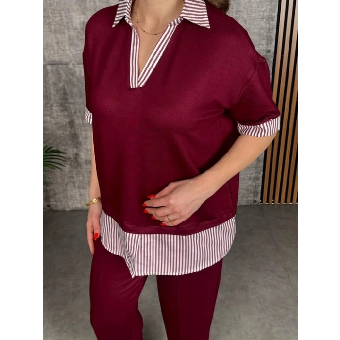 Kadın odal Kumaş çizgili Gömlek Yaka Ikili Takım