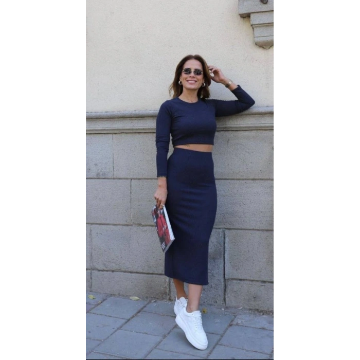 Kadın oft Kaşkorse Kumaş Bluz Ve Yırtmaç Detaylı Etek Ikili Takım