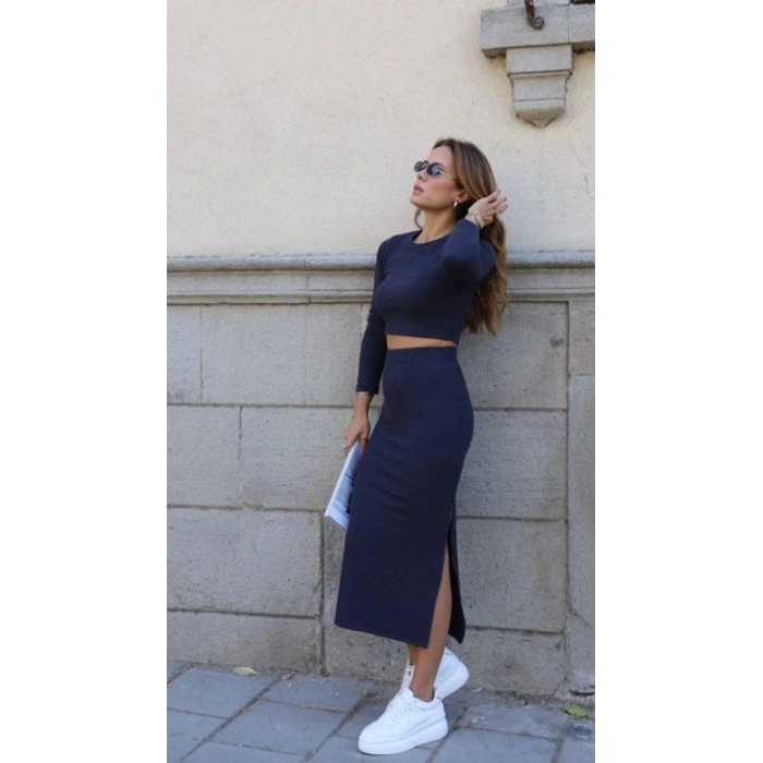 Kadın oft Kaşkorse Kumaş Bluz Ve Yırtmaç Detaylı Etek Ikili Takım