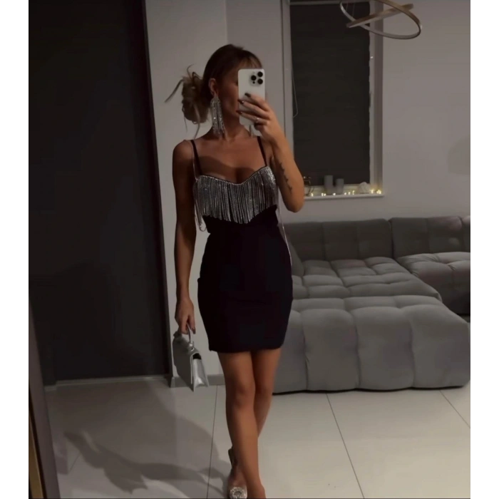 Kadın Omuz Askılı Taş Detay ini Elbise