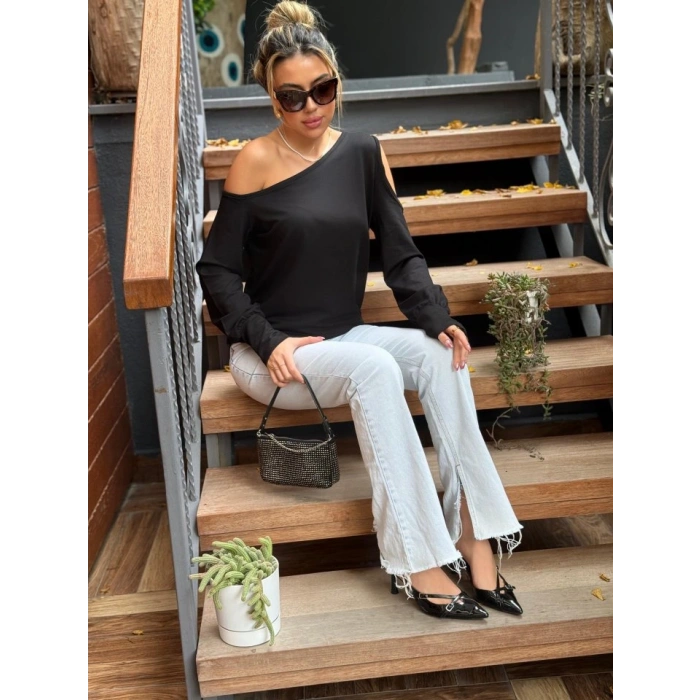 Kadın Omuzdan Açık Askılı Viskon Iki Iplik Bluz