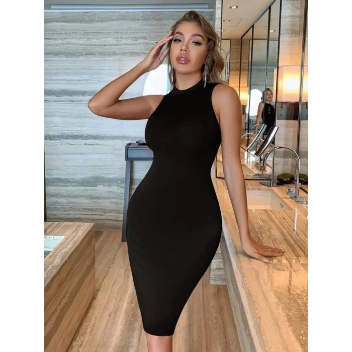 Kadın Omuzlardan Açık Bisiklet Yaka Janjan Krep Elbise