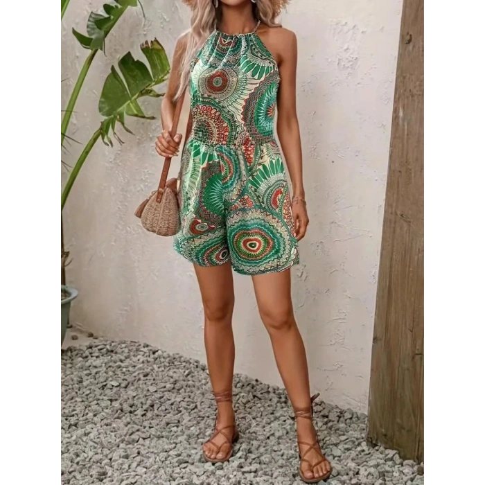 Kadın Omuzlardan Açık Boyun Arkasından Bağlamalı Beli Lastikli Desenli Süprem Kısa Tulum