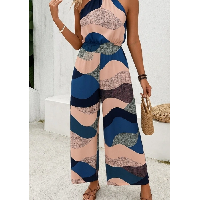 Kadın Omuzlardan Açık Boyundan Geçmeli Beli Lastikli Desenli Dalgıç Tulum