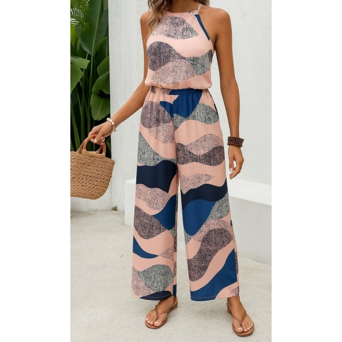 Kadın Omuzlardan Açık Boyundan Geçmeli Beli Lastikli Desenli Dalgıç Tulum