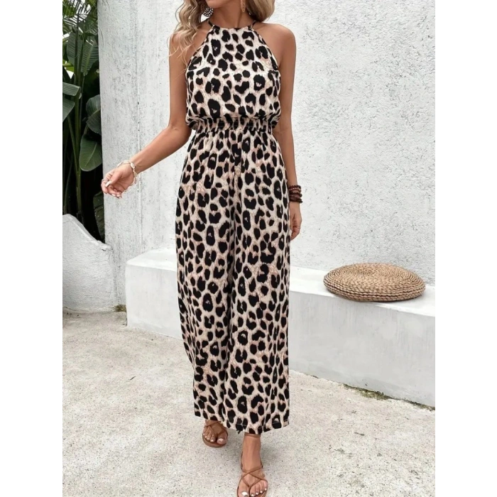 Kadın Omuzlardan Açık Boyundan Geçmeli Beli Lastikli Desenli Dalgıç Tulum