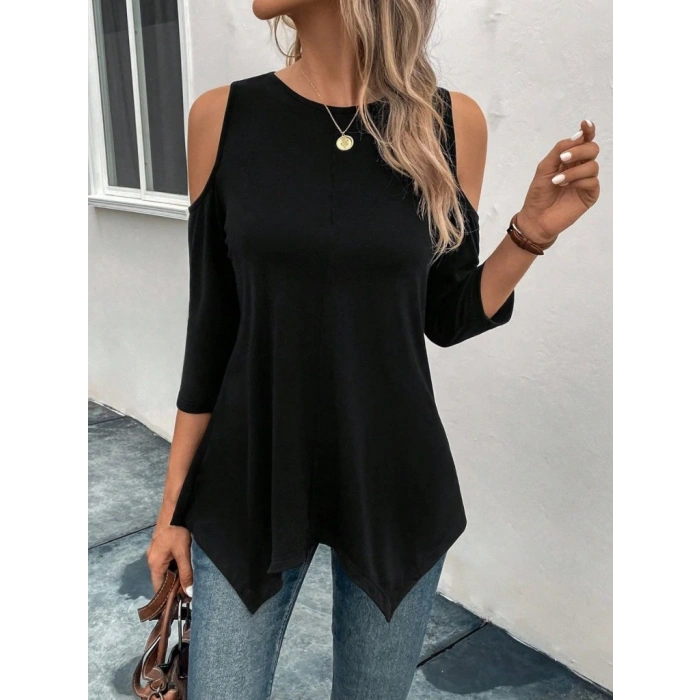 Kadın Omuzlardan Açık Sıfır Yaka Asimetrik Kesim Detay Viskon Bluz