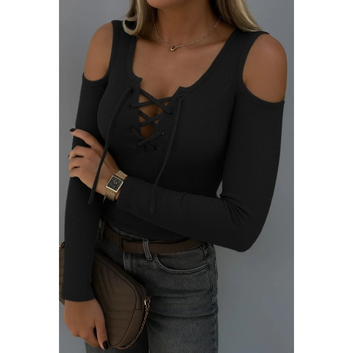 Kadın Omuzlardan Açık Uzun Kollu Bağcıklı Kaşkorse Bluz
