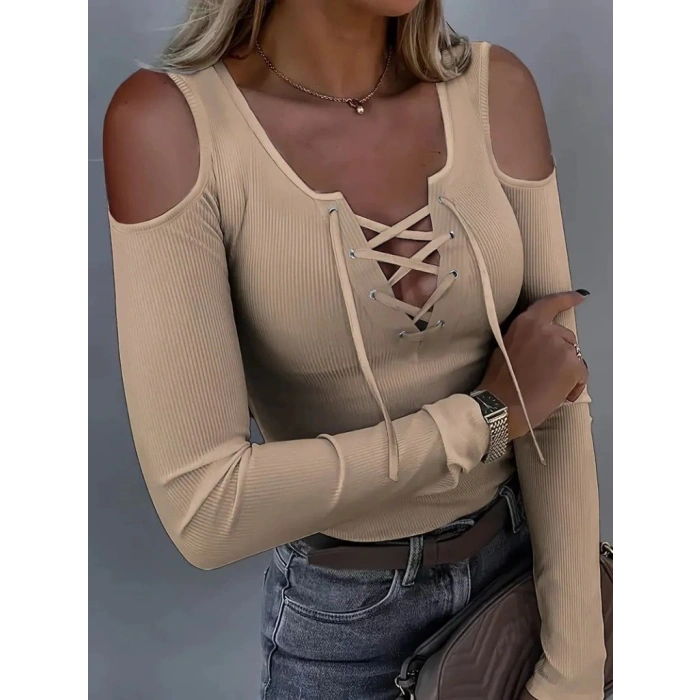 Kadın Omuzlardan Açık Uzun Kollu Bağcıklı Kaşkorse Bluz