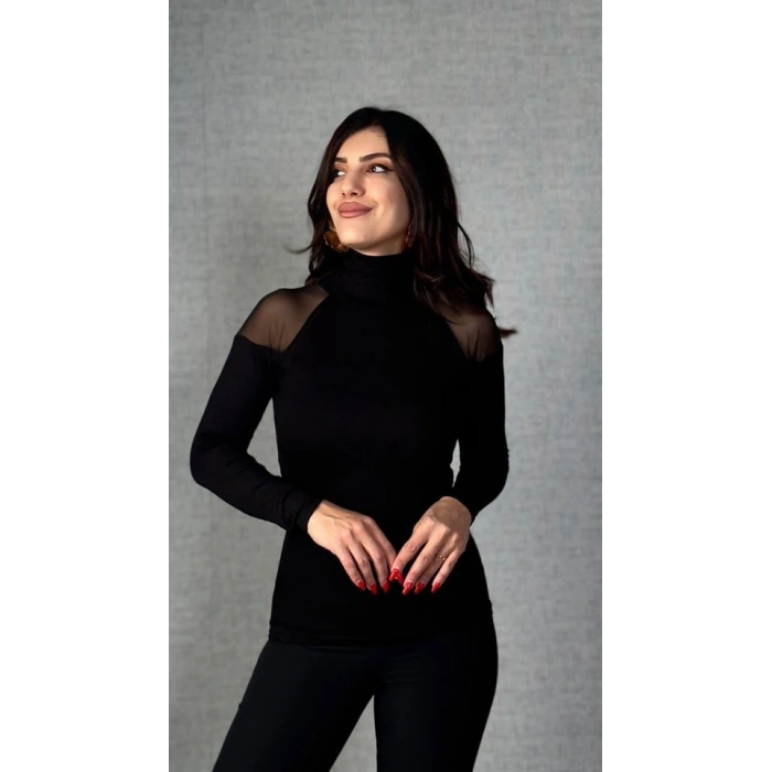 Kadın Omuzları Tül Balıkçı Yaka Viskon Kumaş Bluz