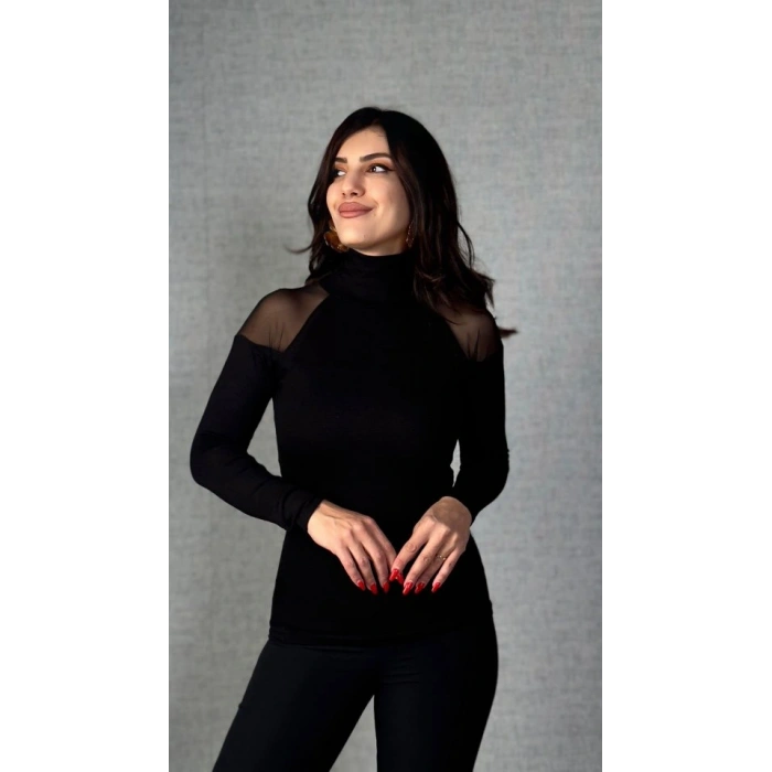 Kadın Omuzları Tül Balıkçı Yaka Viskon Kumaş Bluz