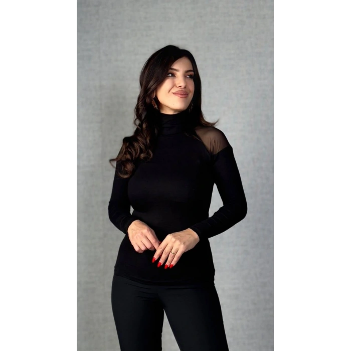 Kadın Omuzları Tül Balıkçı Yaka Viskon Kumaş Bluz