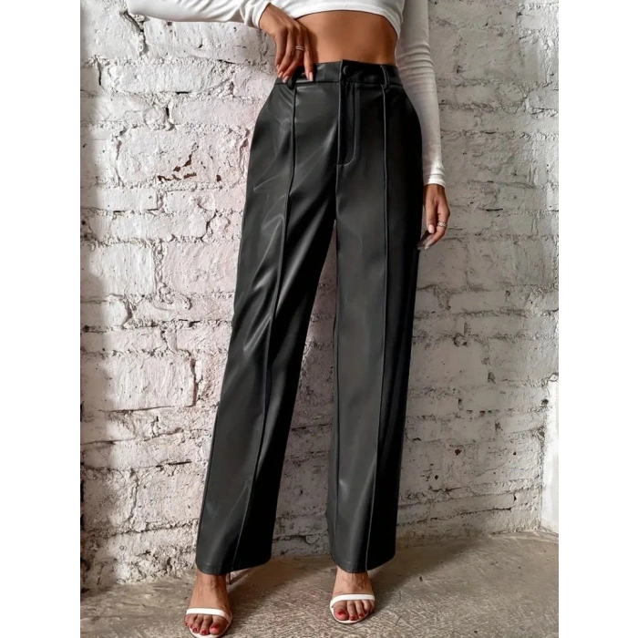 Kadın önden Fermuarlı Cepli Geniş Kesim Lame Deri Pantolon