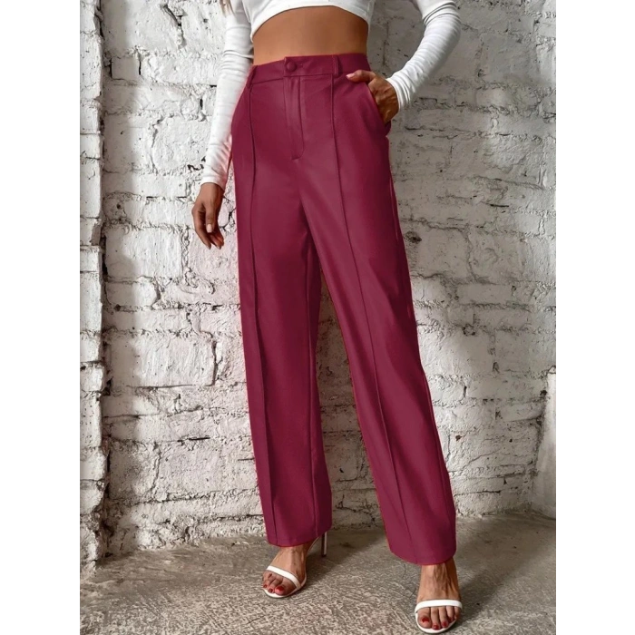 Kadın önden Fermuarlı Cepli Geniş Kesim Lame Deri Pantolon