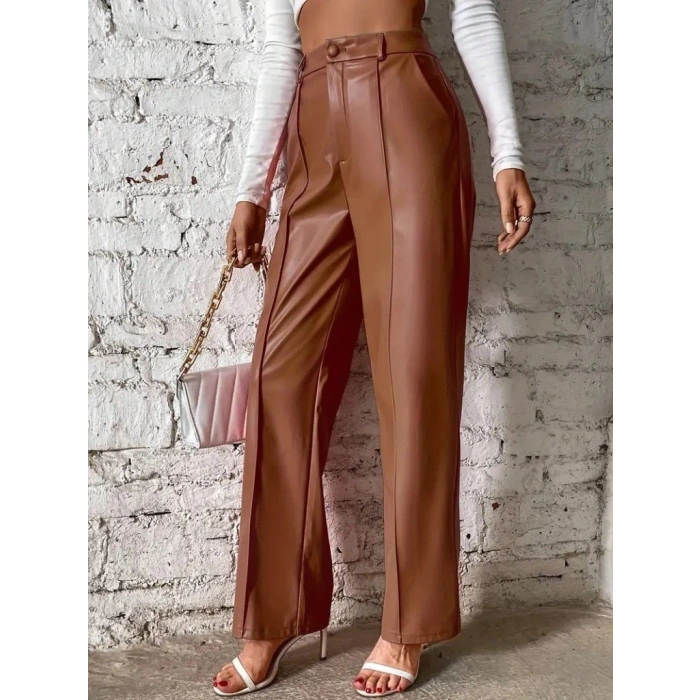 Kadın önden Fermuarlı Cepli Geniş Kesim Lame Deri Pantolon