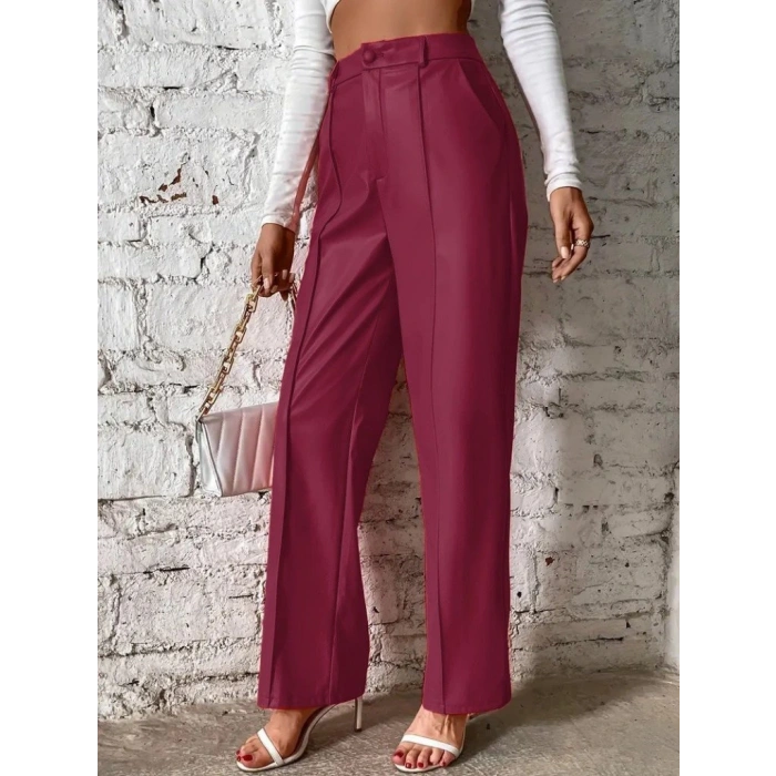 Kadın önden Fermuarlı Cepli Geniş Kesim Lame Deri Pantolon