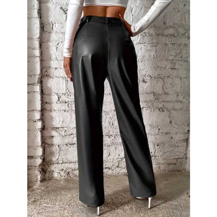 Kadın önden Fermuarlı Cepli Geniş Kesim Lame Deri Pantolon
