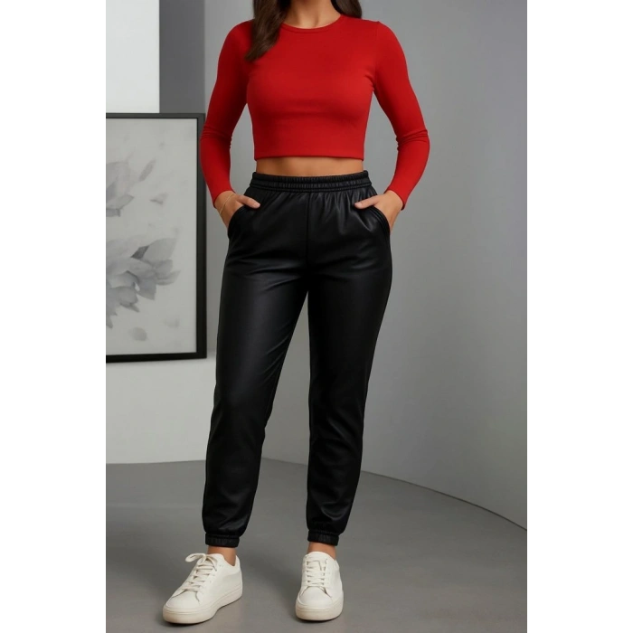 Kadın Paçası astikli Cep Detaylı Deri Tayt