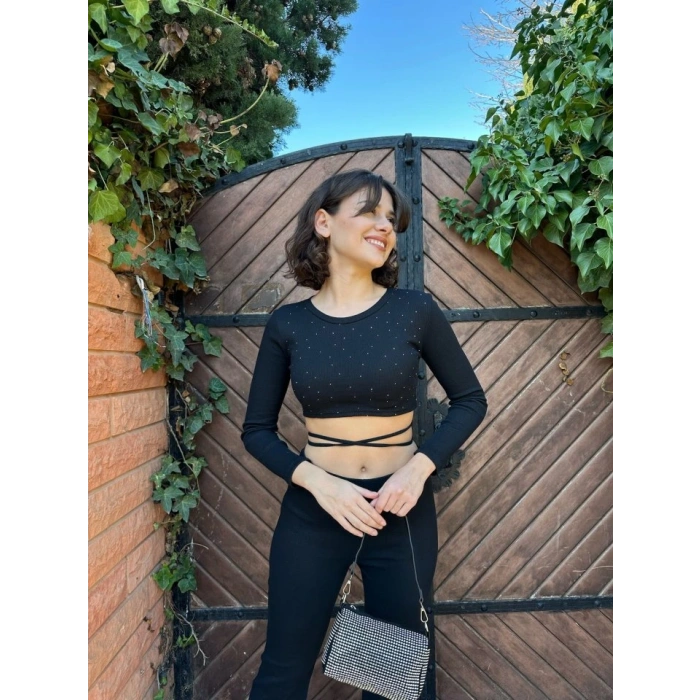 Kadın Paçası Yırtmaç Detaylı Taşlı Bel Bağlamalı Kaşkorse İkili Takım