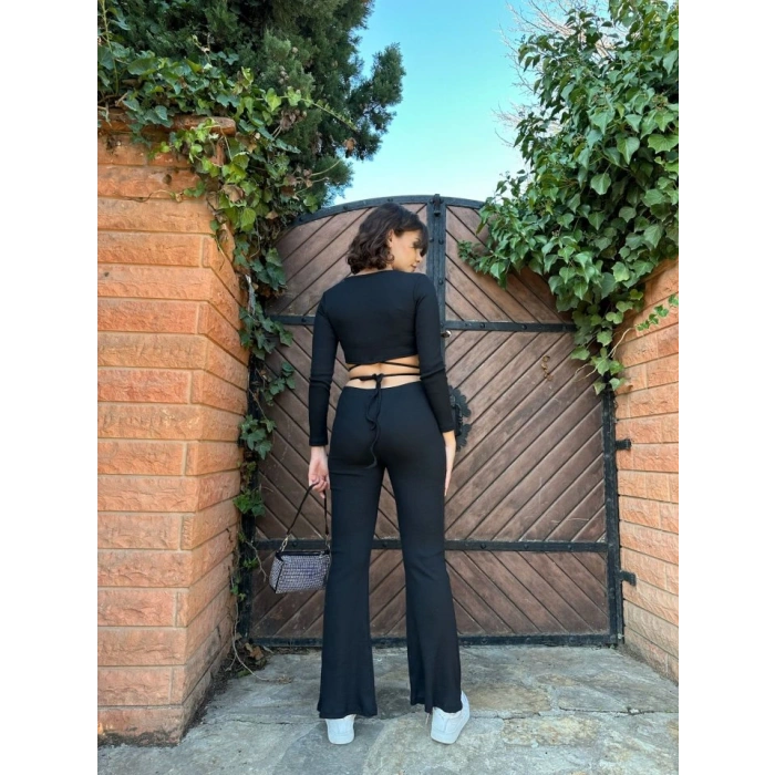 Kadın Paçası Yırtmaç Detaylı Taşlı Bel Bağlamalı Kaşkorse İkili Takım