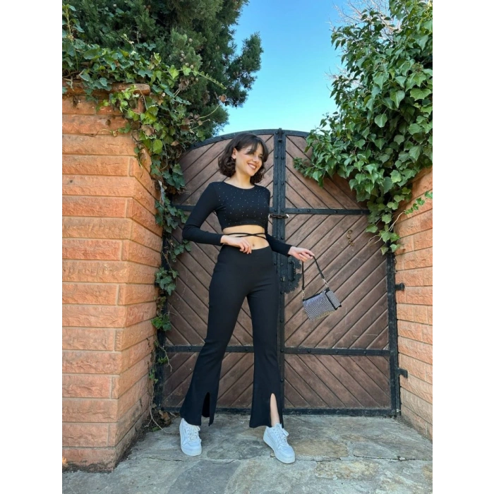 Kadın Paçası Yırtmaç Detaylı Taşlı Bel Bağlamalı Kaşkorse İkili Takım