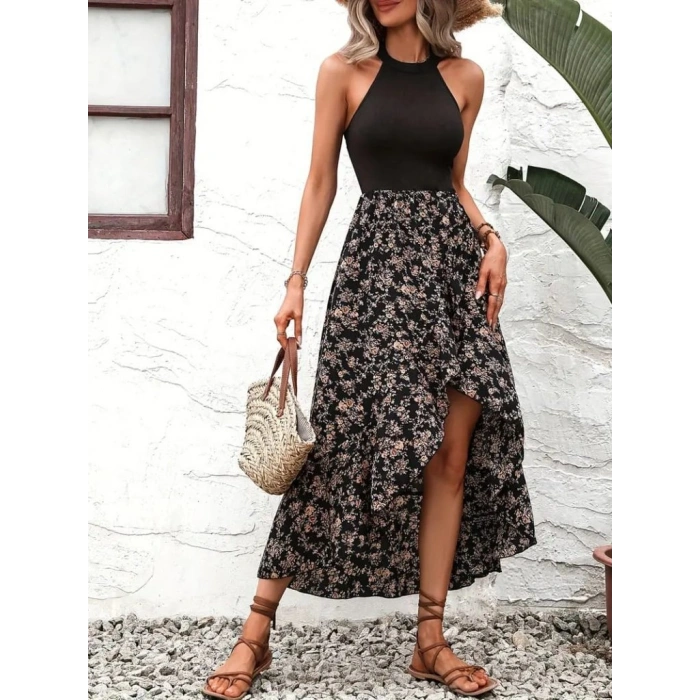 Kadın Reglan Kol Daire Yaka üst Viskon Alt Süprem Desenli Midi Elbise