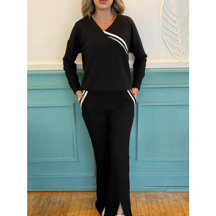 Kadın Ribana Detay Bluz Ve Ispanyol Paça Yırtmaçlı Pantolon Ikili Takım