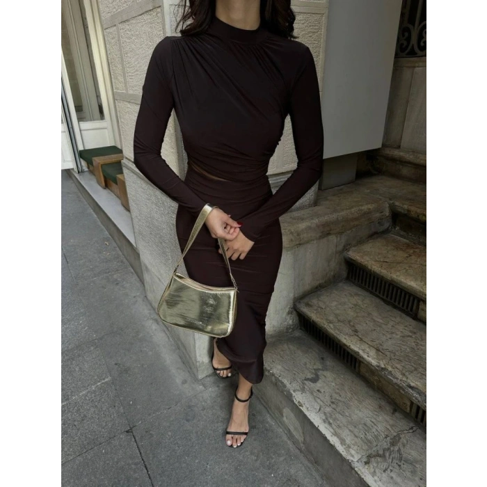 Kadın Sandy Kumaş Drabe Yaka Belinde Tül Detaylı Midi Boy Elbise