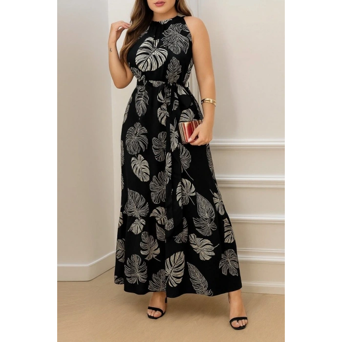 Kadın Sıfır Kok Bağcıklı Kemerli Etek Ucu Fırfırlı Desenli Süprem Elbise