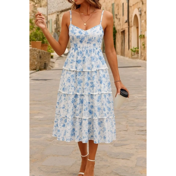 Kadın Sıfır Kol Askılı Dekolteli Yırtmaç Detay çiçek Baskılı Süprem Midi Elbise