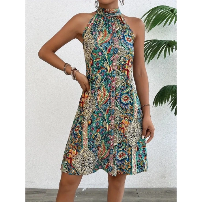 Kadın Sıfır Kol Boyundan Askılı Desenli Midi Süprem Elbise