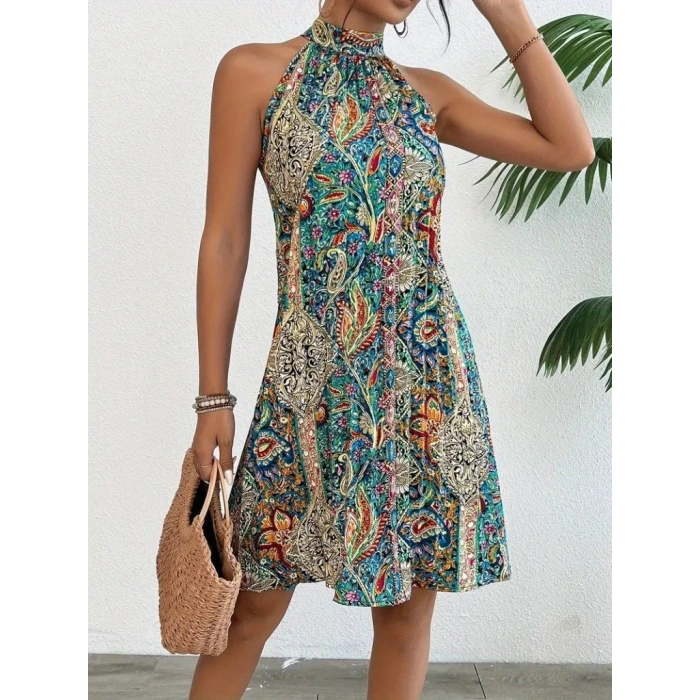 Kadın Sıfır Kol Boyundan Askılı Desenli Midi Süprem Elbise