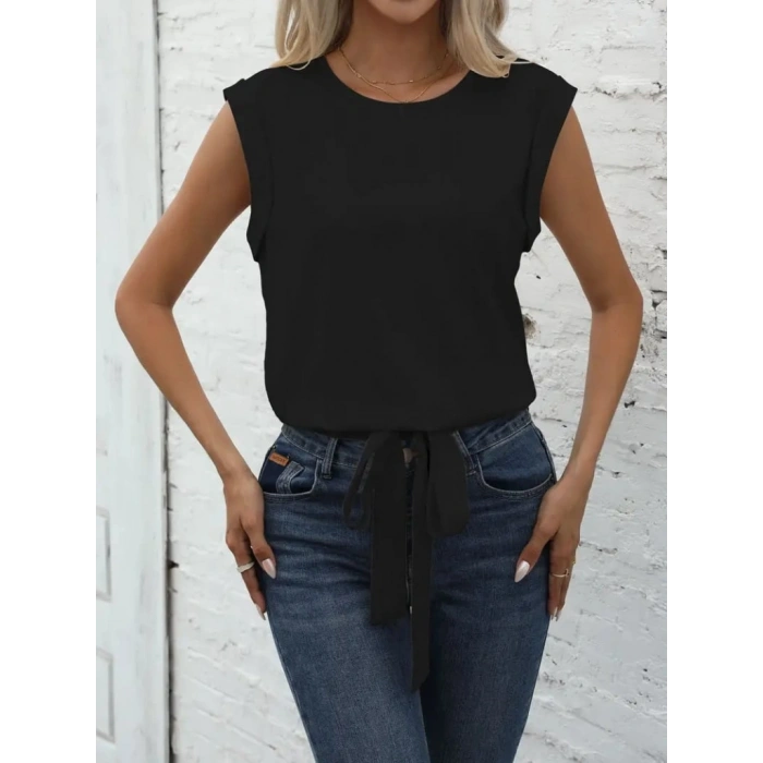 Kadın Sıfır Kol Etek Ucu Bağlama Detay Ithal Krep Bluz